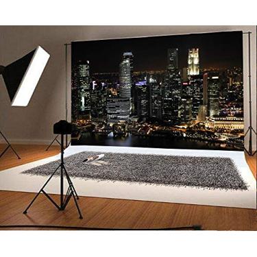 Imagem de Laeacco 2,1 x 1,5 m Vista aérea famosa cenário de cidade grande para fotografia, vista noturna da cidade moderna, arranha-céu, horizonte urbano, luz urbana, faixa de festa de aniversário on-line, transmissão ao vivo, suporte de vídeo, estúdio fotográfico
