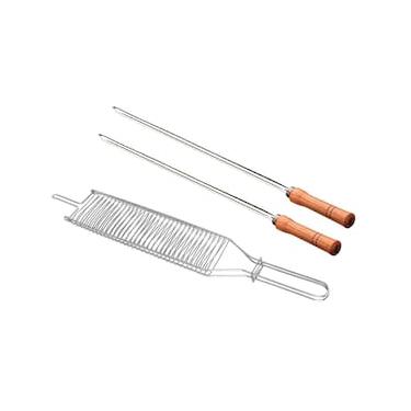 Imagem de Conjunto de Grelha para Coraçãozinho e Espetos Simples Utimil em Aço Cromado, Aço Inox e Madeira – 3 Peças