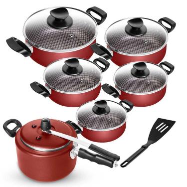 Imagem de Jogo De Panelas Antiaderente Spesso Caçarola Com Panela de Pressão Vermelha 6 Peças Patolux