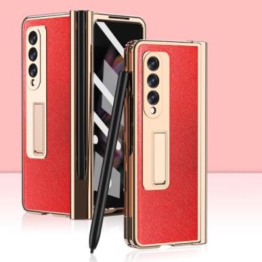 Imagem de Com capa de couro revestida com S Pen para Samsung Galaxy Z Fold 4 3 2 5 G Suporte magnético de fibra de carbono protetor de tela capa de telefone, cruz vermelha, para Galaxy Z Fold 5