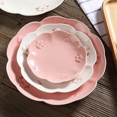 Imagem de Pratos de jantar conjunto de pratos de jantar conjunto de pratos de cerâmica prato de massa sobremesa micro-ondas seguro conjunto de louça pratos de salada (cor: 25cm rosa grande)