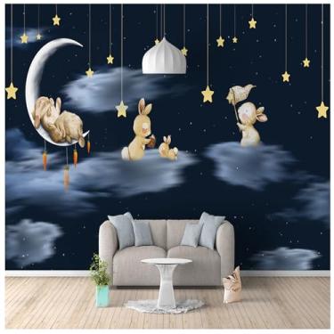 Imagem de TUYIFA Escandinavo Simples 3D Desenhos Animados Pintados à Mão Coelho Céu Noite Quarto Infantil Papel de Parede Papel de Parede Mural de Fundo (138''x100''(350x256 cm), Pano de Seda)