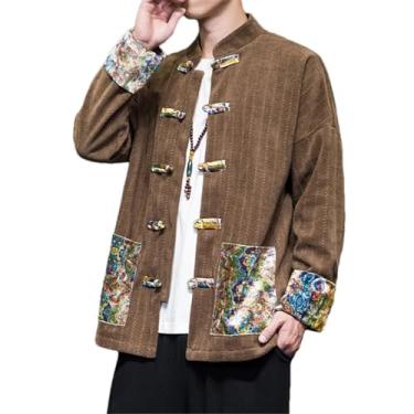 Imagem de BoShiNuo Jaqueta masculina com estampa chinesa de outono/inverno, gola alta, casaco Han And Tang roupas tradicionais, Café, PP