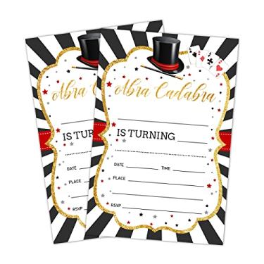Imagem de LWBEO Cartões de convite de aniversário, convites de festa de show de mágica, suprimentos de decoração de festa de feliz aniversário infantil, 20 cartões de preenchimento com envelopes para celebração