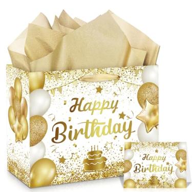 Imagem de Bolsa de presente de aniversário em ouro branco, grande, branca e dourada, com cartão e papel de seda dourado para mulheres, homens, lembrancinhas de festa de aniversário para crianças e adultos