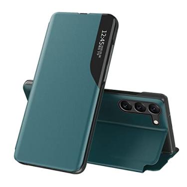 Imagem de OOPKINS Capa para Samsung Galaxy S24 Flip Phone Case PU Couro Negócios Capa Flip Proteção de Corpo Inteiro Kickstand Smart Clear View Window À Prova de Choque Capa Fina Protetora para Galaxy S24 Verde