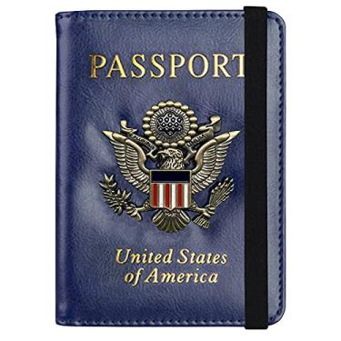 Imagem de Ciana Carteira de passaporte RFIX de couro com bloqueio de RFID com compartimento para cartão de vacina, Azul, Compacto