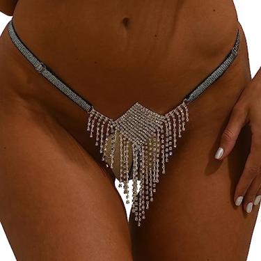 Imagem de Calcinha de strass quadrada com borla na cintura, tanga, verão, praia, cristal, tanga ajustável, corrente de fio dental, joia corporal, para mulheres