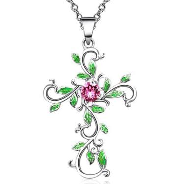 Imagem de rgwtgkyh Colar com cruz para mulheres, pingente de cruz de árvore de Natal em ouro rosa, prata, pingente de folha verde, crucifixo, joias modernas, presentes, Large, Plástico, Sem Pedra Preciosa