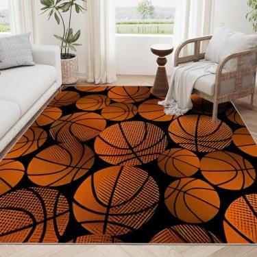 Imagem de Tapete de área de decoração esportiva 15 x 23 cm laranja preto tapetes grandes para sala de estar, tapete lavável, tapete grande super macio e fácil de limpar, tapete de basquete para quarto e sala de