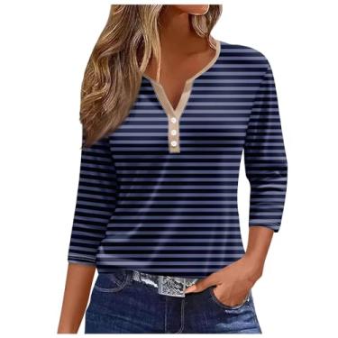 Imagem de Camisetas femininas de verão 2024 manga 3/4 de comprimento com botões e gola Henley de verão camisetas com estampa floral, Ofertas Relâmpago Azul, P