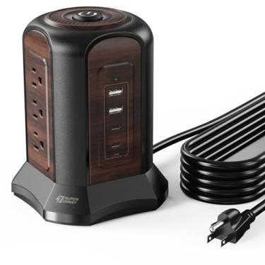 Imagem de SUPERDANNY Protetor contra surtos de torre de régua elétrica, cabo de extensão de 3 m com várias tomadas, 9 tomadas, 4 portas USB (2 USB C), 1080 joules, 3 pinos, aterrado, estação de carregamento de