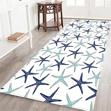 Imagem de Tapete de corredor longo estrela-do-mar para corredor, azul marinho náutico e turquesa, estrelas do mar, verão, praia, oceano, animal, tapete antiderrapante para quarto, tapete de entrada lavável