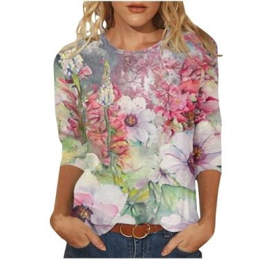 Imagem de Camiseta casual de manga 3/4 para mulheres, outono, verão, moderno, retrô, estampa de flores silvestres, pulôver, blusas, confortáveis e soltas, Z1 - rosa, 3G