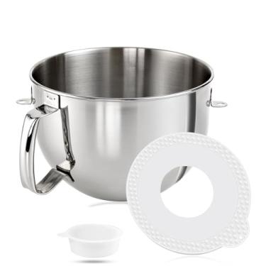 Imagem de Tigela de aço inoxidável para batedeira KitchenAid 6QT com cabeça inclinada, tigela misturadora para a série Kitchen Aid Classic & Artisan com alça e tampas de tampa de tigela