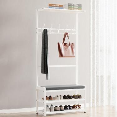 Imagem de Cabide de metal em pé com banco de sapatos Porta de entrada moderna Cabide independente Organizador de armazenamento de sapatos com 7 ganchos para entrada de corredor A, B, 60 CM