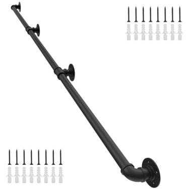 Imagem de OKAYAUTO Corrimão de escada industrial de 2,5 m, corrimão de escada para escadas externas e internas, corrimão de varanda (2,5 m) degraus, cano de ferro preto.