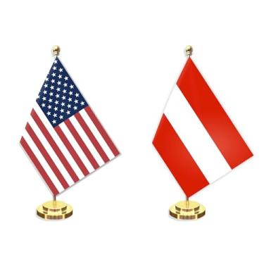 Imagem de Conjunto de 2 unidades de bandeira pequena de mesa austríaca americana de 12 × 20 cm, mini banner de mesa austríaco de 30 cm, decoração de mastro sólido de metal de 30 cm, faixa de poliéster impressa