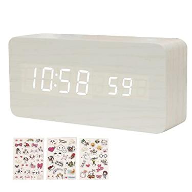 Imagem de Desperr digital de madeira com 8 níveis de brilho ajustável, relógio digital com LED, hora, data, tempeura, controle de som, modo de dia da semana/fim de semana para quarto, mesa de cabeceira, es