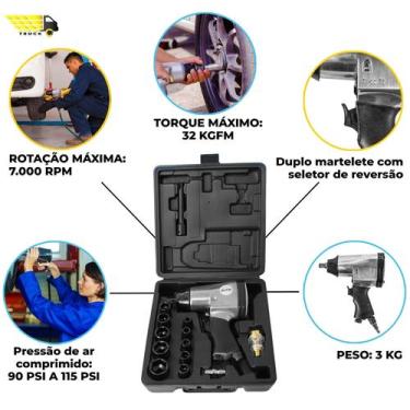 Imagem de Kit Chave Impacto Pneumática 1/2 Polegada 32Kgf 17 Peças - Geral
