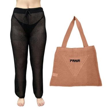 Imagem de Kit Calça Pantalona Tricot Feminina com Bolsa Sacola de Praia Crochê -