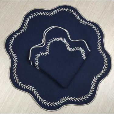 Imagem de Jogo Americano Sousplats Mesa Posta Bordado Guardanapo 12 Pç Azul Mari