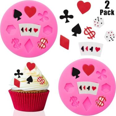 Imagem de 2 peças de moldes de silicone de pôquer moldes de fondant de açúcar 3D design de cartas de baralho molde de doces antiaderente para decoração de bolos molde de cozimento, rosa