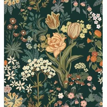 Imagem de Abyssaly Papel de parede floral verde escuro, papel de contato tulipa vintage para gavetas de armários, papel de parede boho autoadesivo para quarto, banheiro, 45 x 299 cm