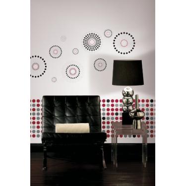 Imagem de Wall In A Box WIB1011 Dots Fusion papel de parede, vermelho, prata, preto com decalques de pontos pretos e vermelhos