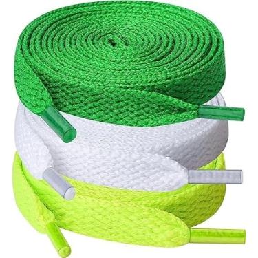 Imagem de Qurvoo 3 pares de cadarços planos para tênis, várias cores de cadarços para adultos e crianças, cadarços coloridos sólidos, Verde branco maçã verde (3 pares), 47.24inch (120cm)