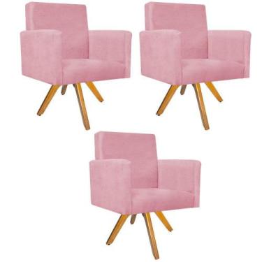 Imagem de kit 03 Poltronas Arenzza Base Giratória de Madeira Suede Rosa Bebê - D