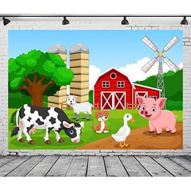 Imagem de Loccor Pano de fundo de animais de fazenda de tecido de 3 x 2 m para decoração de festa de aniversário de crianças desenho animado vermelho celeiro vaca fotografia fundo chá de bebê celeiro fazenda tema festa bolo mesa banner adereços para sessão de fotos