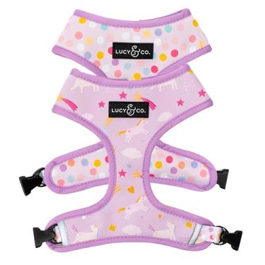 Imagem de Lucy & Co. Peitoral reversível fofo para cães – Melhor designer para cães PP – GG – Colete acolchoado ajustável para caminhada fácil (grande, unicórnio mágico - roxo e rosa unicórnios)
