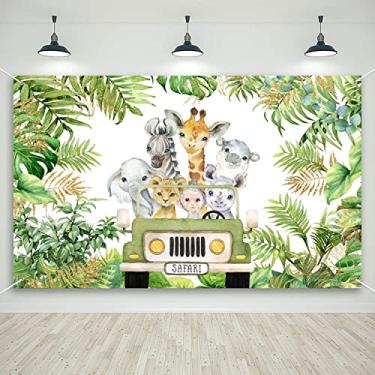 Imagem de Mocsicka Safari Selva Animal Party Banner Wild One Baby Shower Decoração de Festa de Aniversário para Menino Desenho Elefante Girafa Leão Floresta Tema Suprimentos de Festa, 72,8 x 43,3 Polegadas