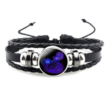 Imagem de ANGLEQUEEN Pulseira de constelação do zodíaco, 12 constelações, signos do zodíaco, guardião, pulseira de couro preto fluorescente para mulheres e homens joias, adjustable, Liga metálica, Sem Pedra