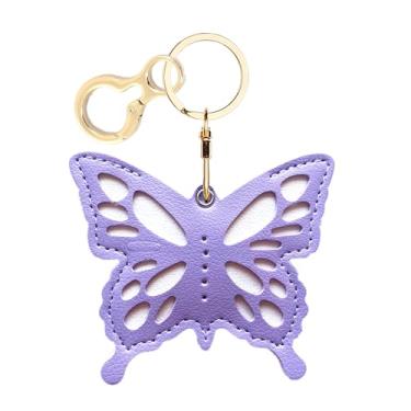 Imagem de Capa de couro compatível com AirTag, linda capa protetora para Apple Air Tag com anel de chaveiro, antiarranhões, rastreador GPS para chaves, bolsa, animais de estimação (borboleta roxa)