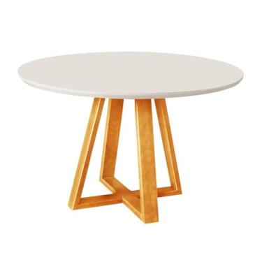 Imagem de Mesa de Jantar Luxo Tampo Mdf/vidro Redonda para 4 Lugares Pés Madeira Maciça Pérola - Mel/off White