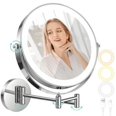 Imagem de Reamfit Espelho de Maquiagem com LED, 1x/10x Ampliação, 3 Cores de Luz, Rotação de 360°, Montagem na Parede, Branco, 1C x 1L cm