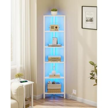 Imagem de TUTOTAK Estante de canto de 6 camadas com luz LED, prateleira de canto para espaços pequenos, suporte de prateleira de canto estreito com rack de armazenamento, para sala de estar, quarto, branco puro