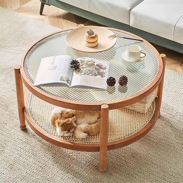 Imagem de Mesa de centro de vidro pequena com prateleira de armazenamento rattan 80cm-mesa de centro moderna de madeira de fazenda para sala de estar-fácil montagem, natural