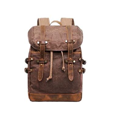 Imagem de Mochila de lona encerada para homens vintage de couro mochila grande mochila masculina(Coffee)
