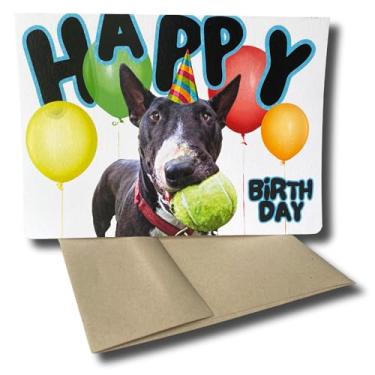 Imagem de Cartão de feliz aniversário com cães, cartão de Bull Terrier marrom malhado (1 cartão premium, 12,7 x 17,8 cm, em branco dentro), cartão de aniversário com tema de cachorro, cartão de aniversário fofo