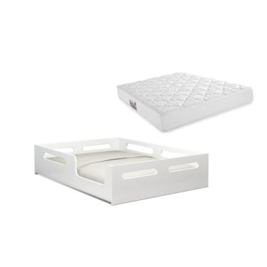 Imagem de Cama Casal Infantil Montessoriana Com Proteção Lateral Para Criança em Mdf Com Colchão (Branco)