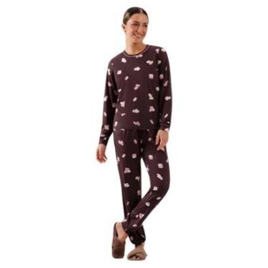 Imagem de Pijama Longo Lunender Estampado Biscoitos Marrom Tam. GG-Feminino