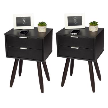 Imagem de Kit 2 Mesas Cabeceira Retro Preto 2 Gavetas 40Cm Pé Marrom