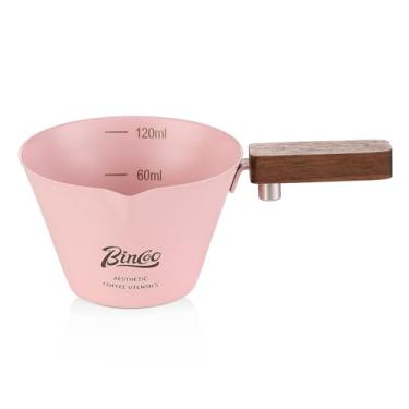 Imagem de Copo medidor de café expresso rosa, copo de café expresso de 120 ml com cabo de madeira, copo de café expresso de aço inoxidável com escala e bico único