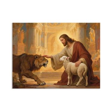 Imagem de Arte de parede em tela Jesus e Cordeiro, Leão de Judá, Cordeiro Jesus, Pôster Rei Leão Cristão Impressão Pintura Religiosa Arte Igreja Decoração de Parede Imagens 50 x 40 cm (20 x 16 polegadas) sem