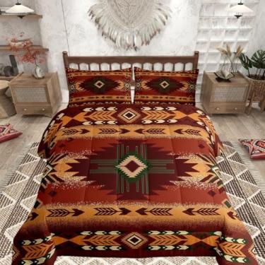 Imagem de Feelyou Conjunto de edredom geométrico sudoeste, infantil, nativo do sudoeste, tribal, laranja, vermelho, para decoração de quarto feminino, masculino, respirável, microfibra macia, arte moderna com 1