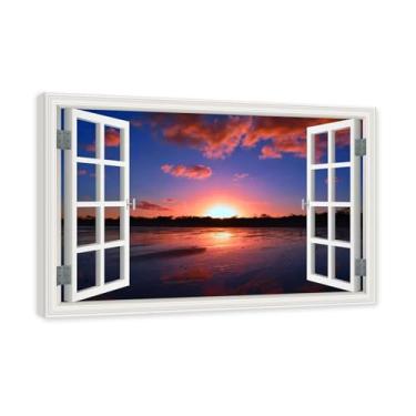 Imagem de PY3H69 Arte de parede em tela de janela aberta, impressão natural em tela. Lindo cenário de montanha 50,8 cm, decoração de parede de paisagem de janela, decoração de casa moderna. Moldura interna 40 x