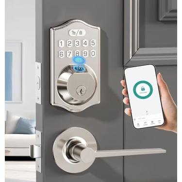 Imagem de Fechadura de porta de entrada sem chave com conjunto de alças - Fechaduras inteligentes de impressão digital com 2 maçanetas - fechadura com código de teclado - Controle de aplicativo, trava